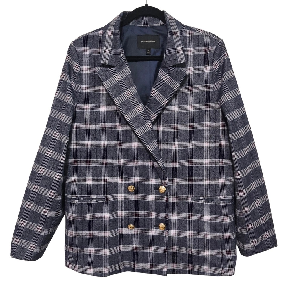 Banana Republic Woman Double Breasted Plaid Blazer 16 Blue Gold Buttons‎ Preppy